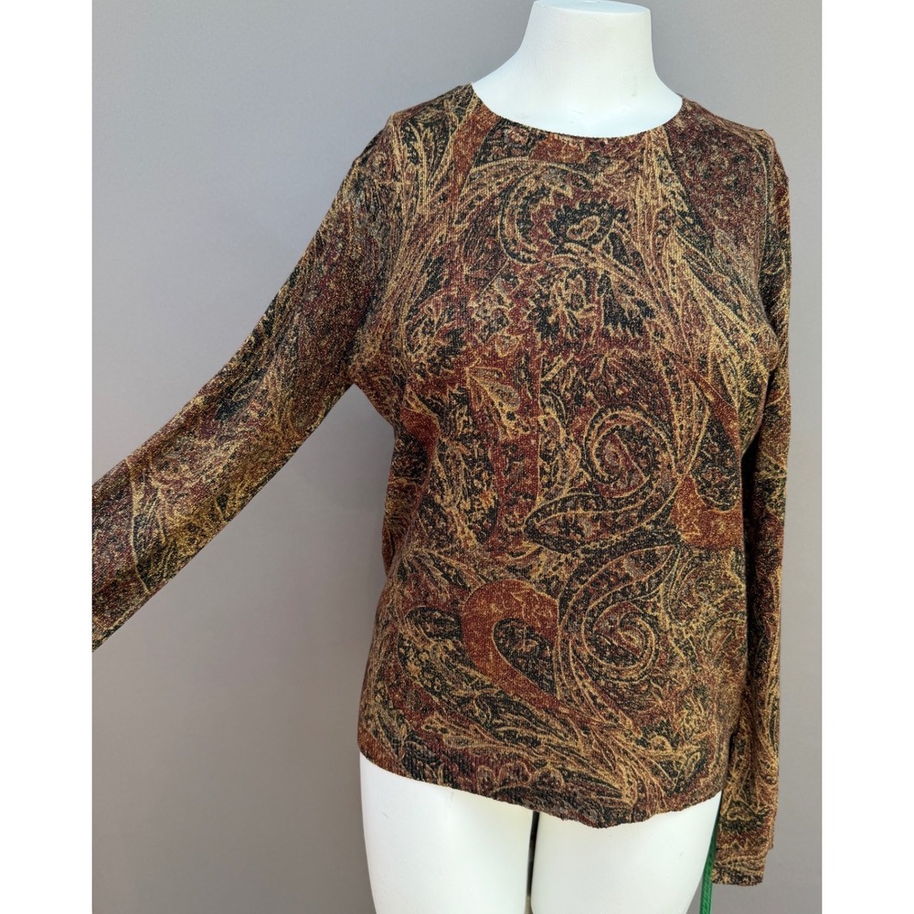 Lauren Ralph Lauren XL Paisley Silk Cashmere Metallic Gold Knit Sweater Top Gold